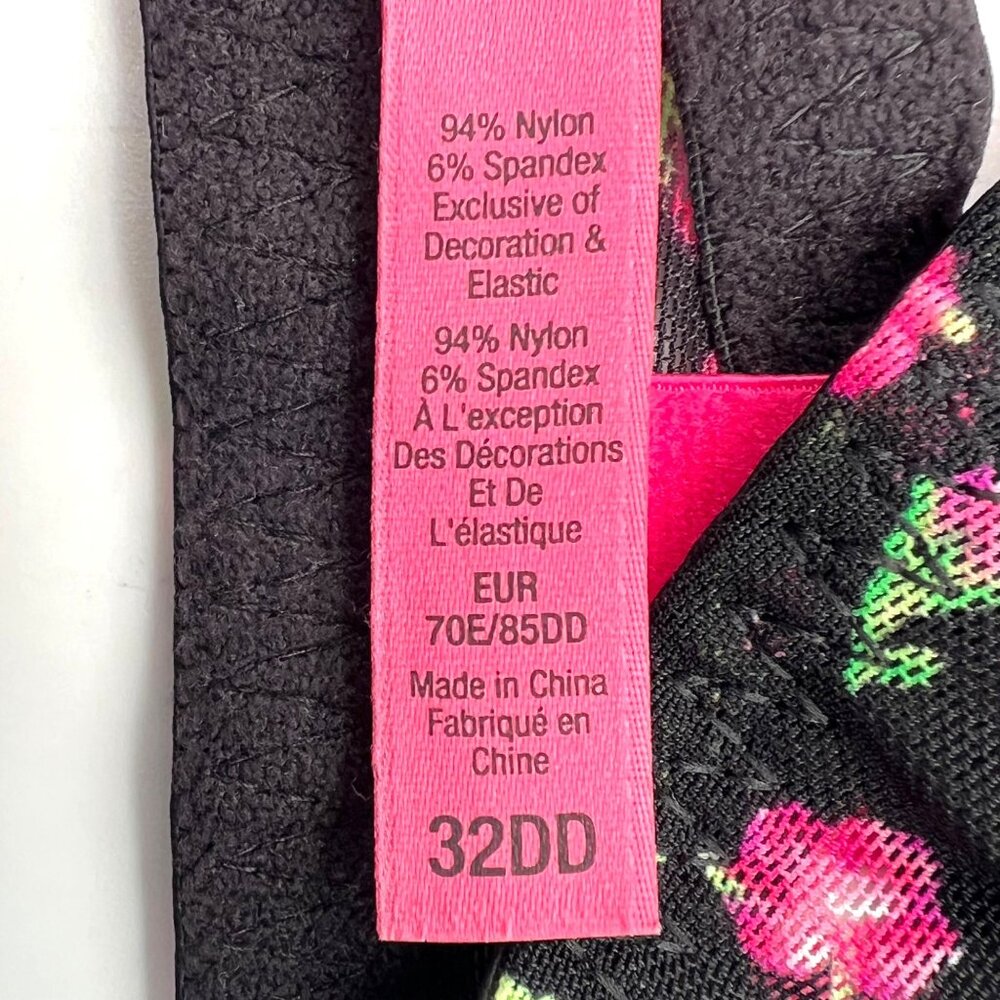 Betsey Johnson Intimates Black Bra Lingerie With Pink Floral Rose Pattern 32DD - Picture 3 of 12
